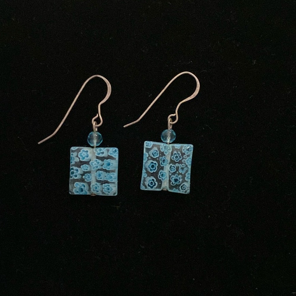 French Wire Earrings with Blue Flowers on Clear Square